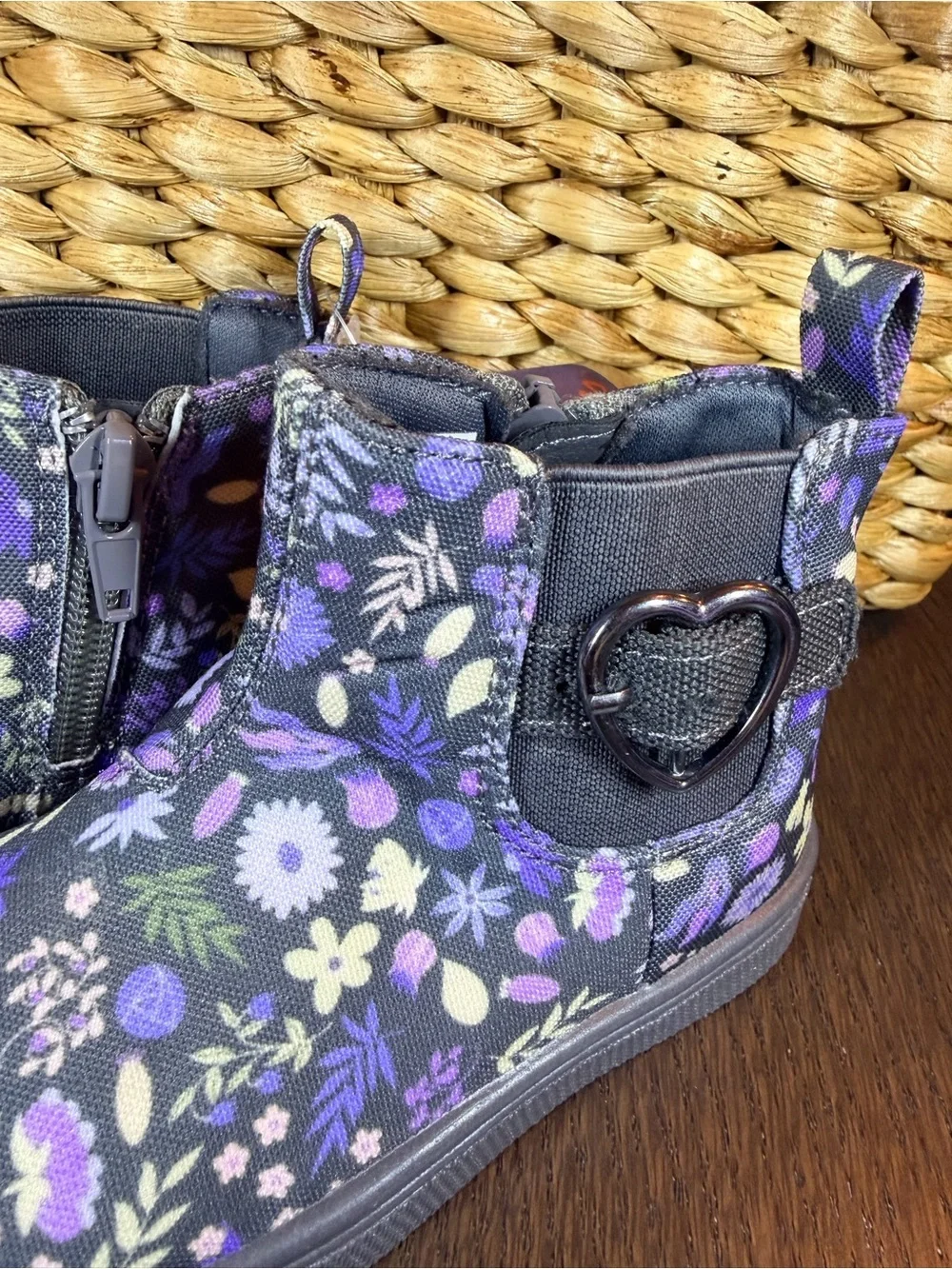 oomphies Purple Floral Toddler Ankle Boots with Heart and Buckle Accent